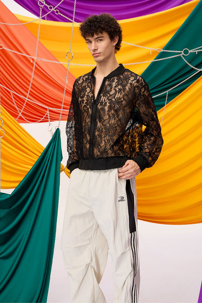 Fade Contour Lace Zipper Jacket Black
