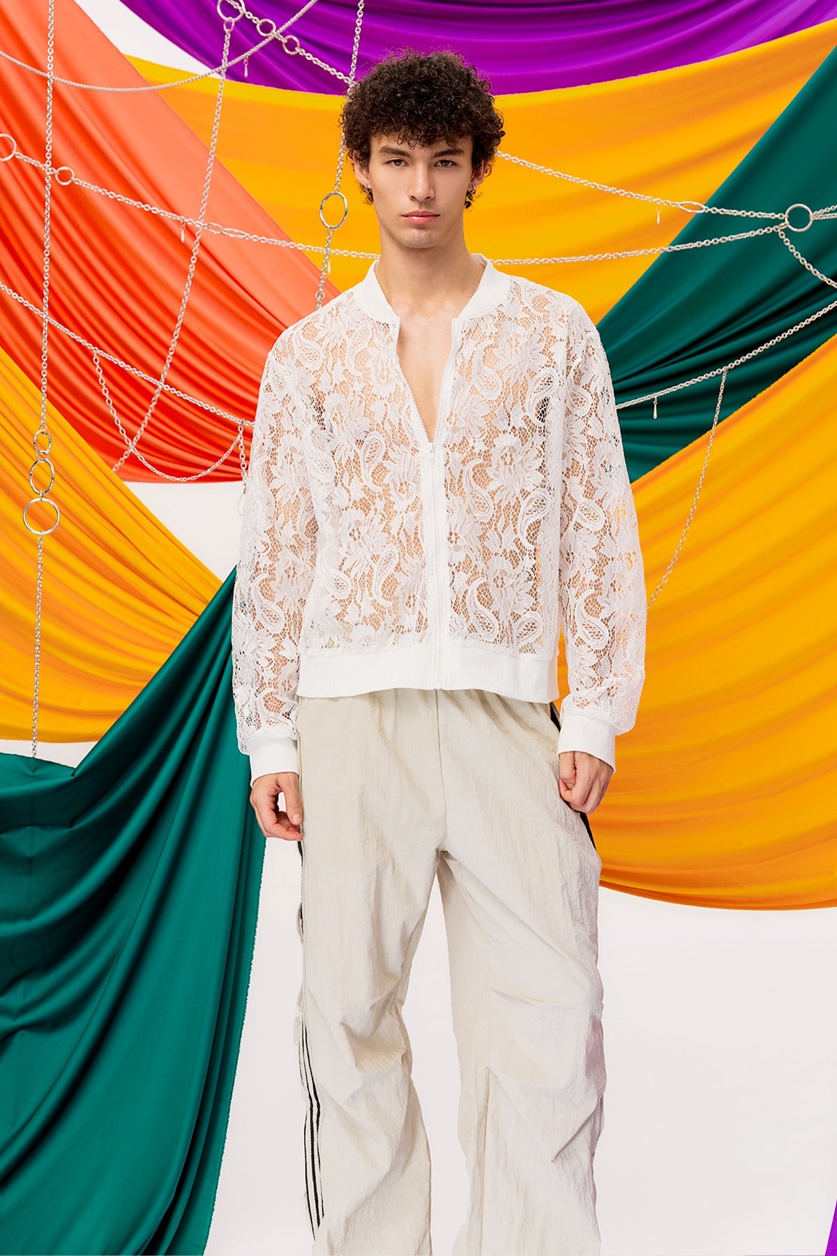 Fade Contour Lace Zipper Jacket White