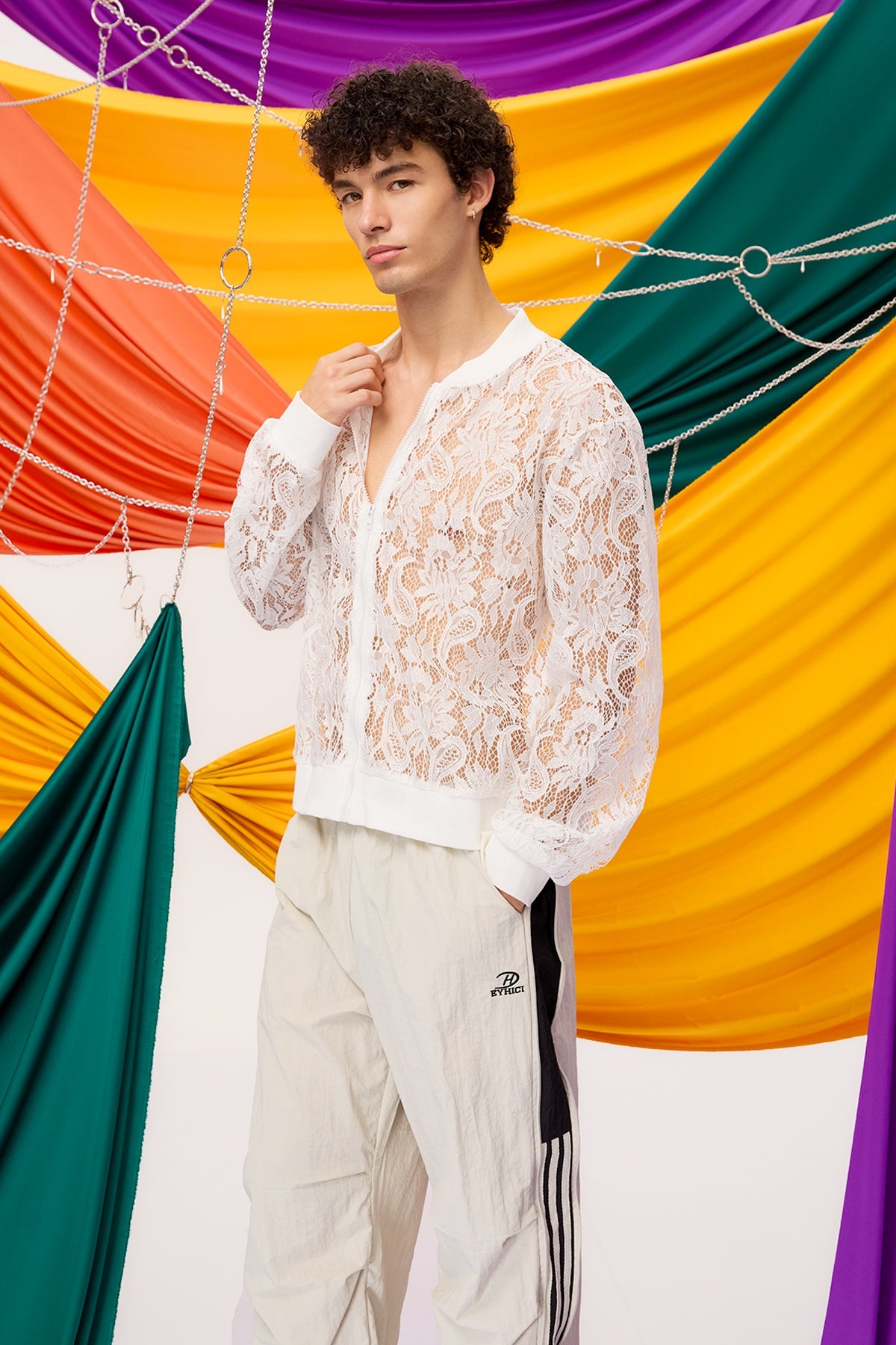 Fade Contour Lace Zipper Jacket White