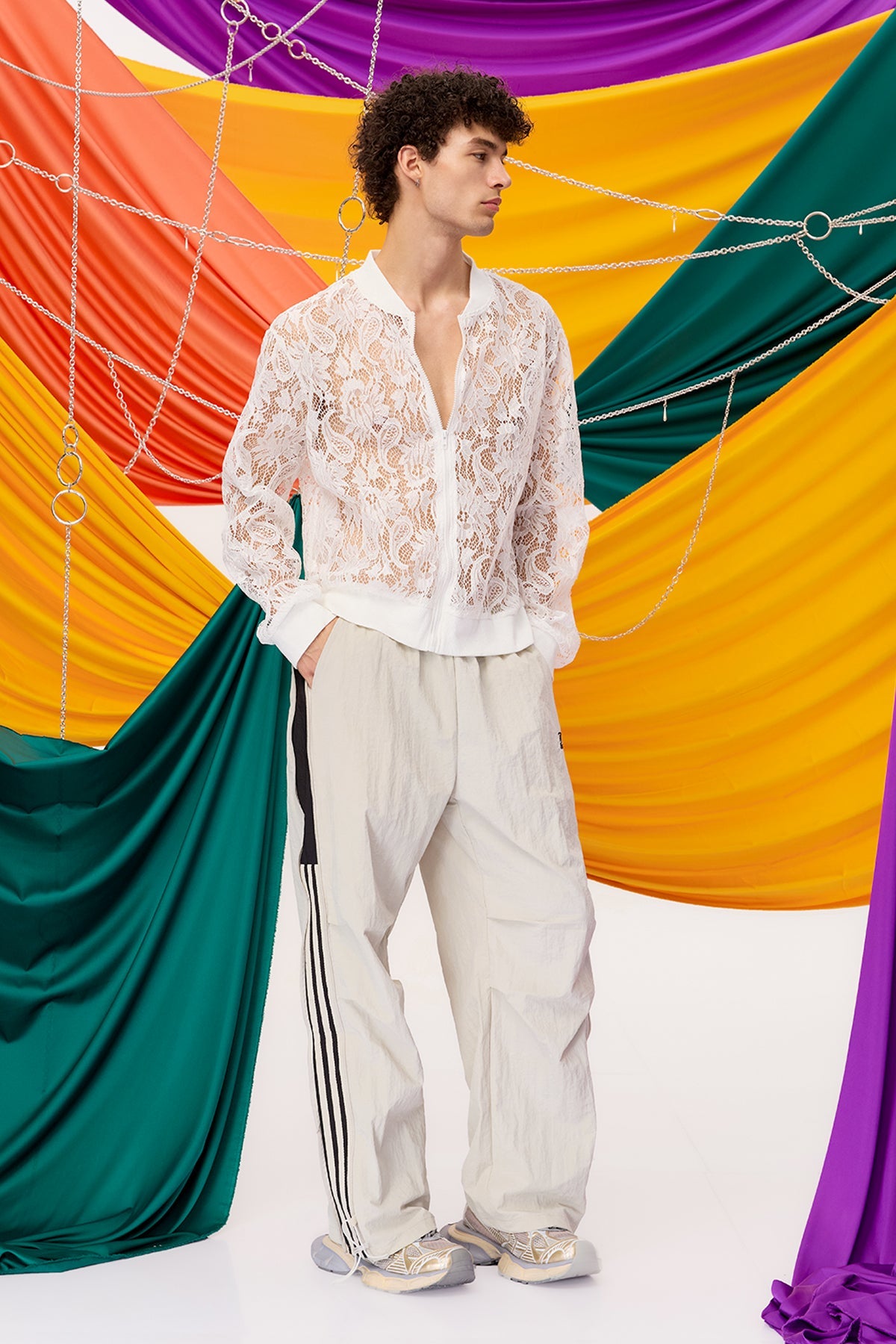 Fade Contour Lace Zipper Jacket White