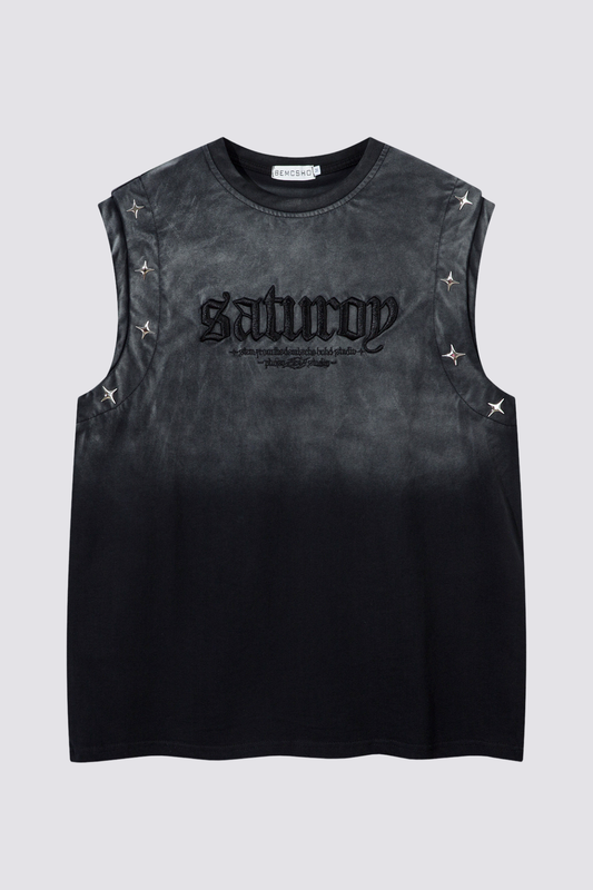 Faint Fold Letter Embroidery Sleeveless Top Black