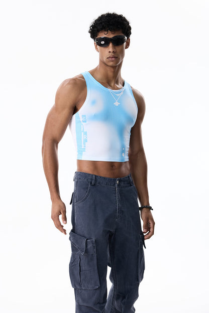 Faint Pattern Crop Sleeveless Top Blue