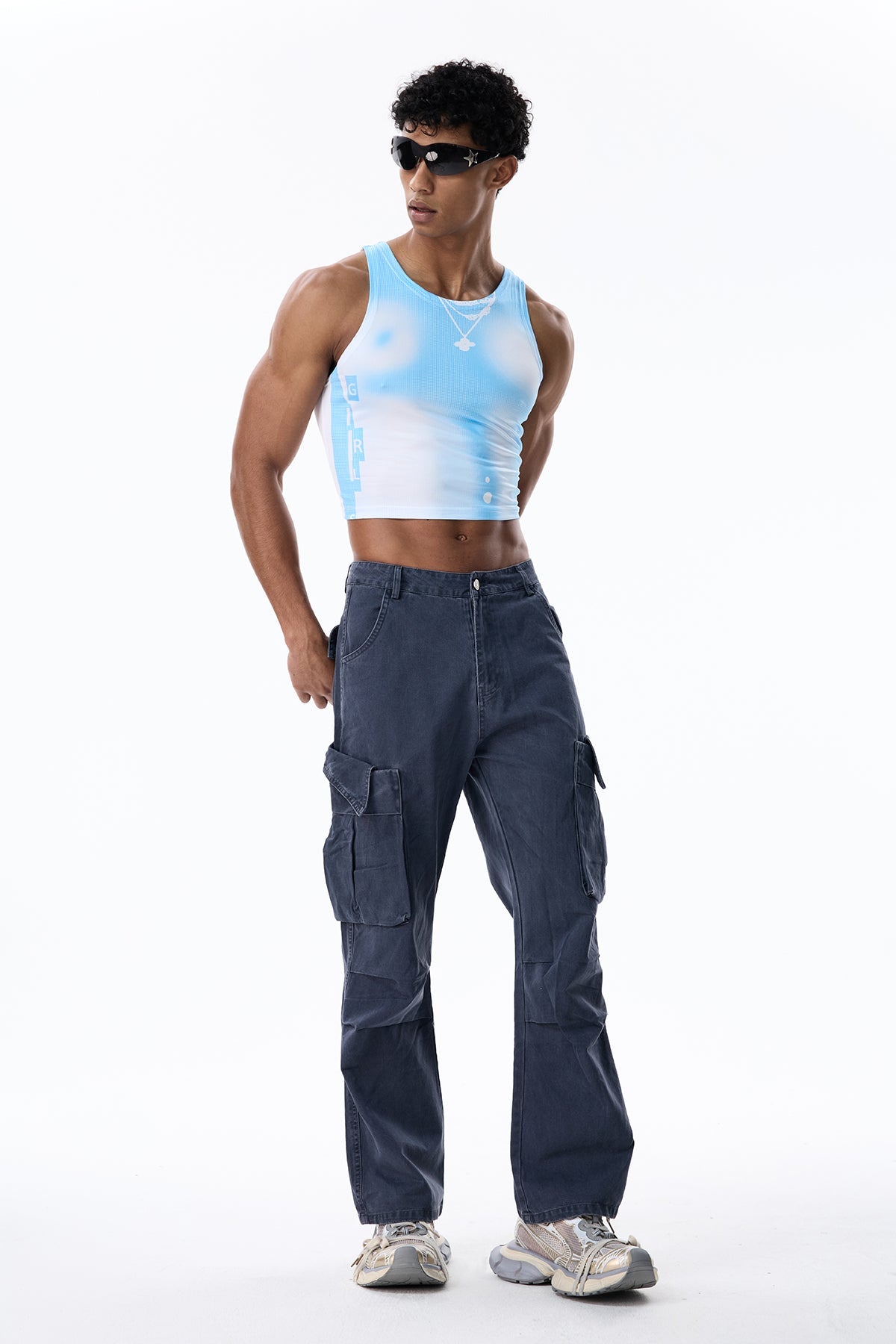 Faint Pattern Crop Sleeveless Top Blue