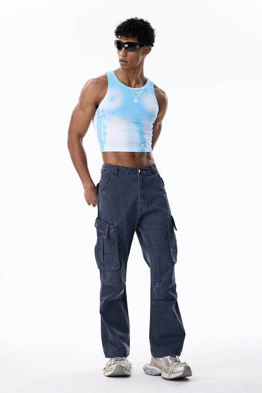 Faint Pattern Crop Sleeveless Top Blue