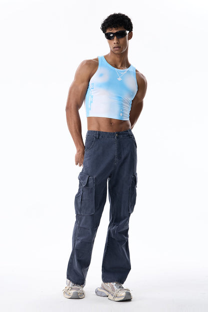Faint Pattern Crop Sleeveless Top Blue