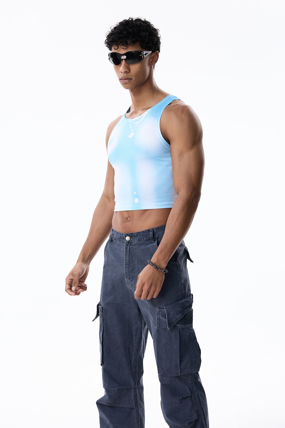 Faint Pattern Crop Sleeveless Top Blue