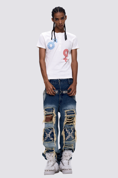 Faint Tone Print Button T-Shirt