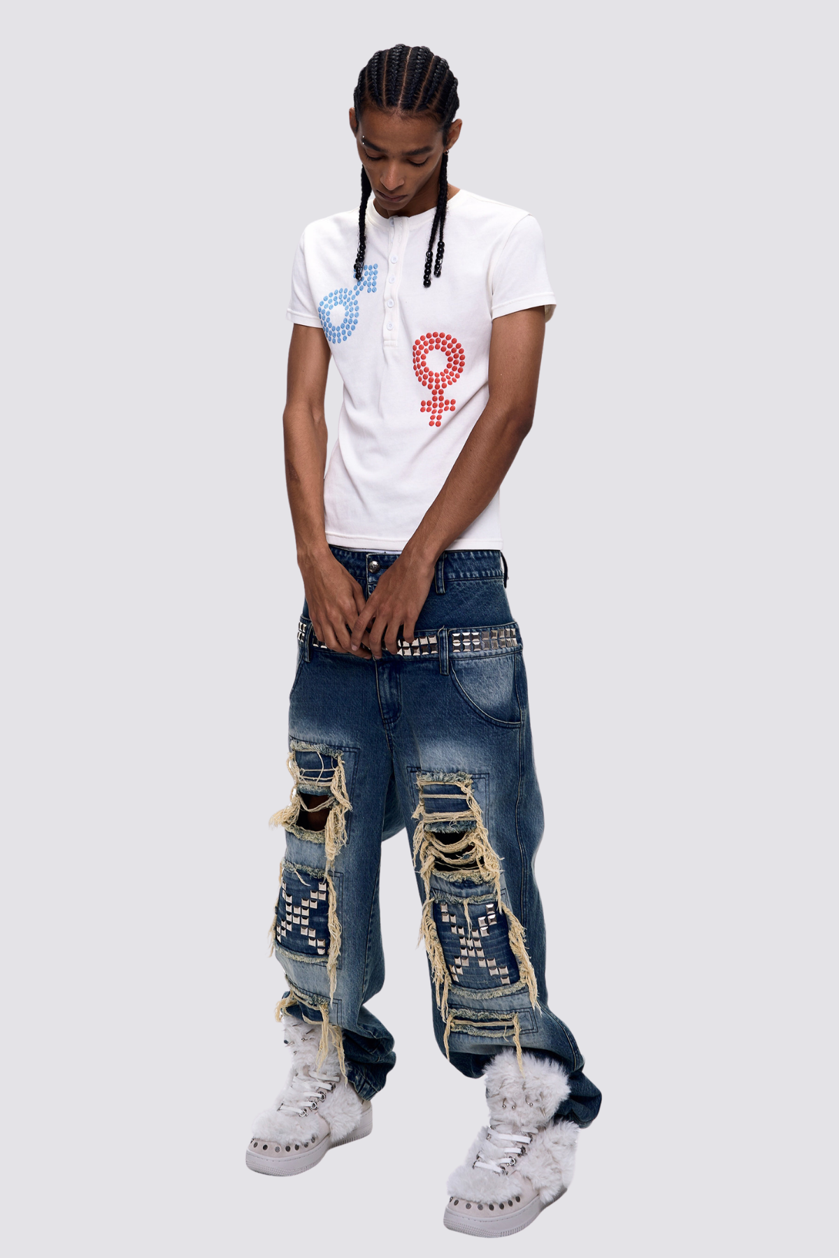 Faint Tone Print Button T-Shirt