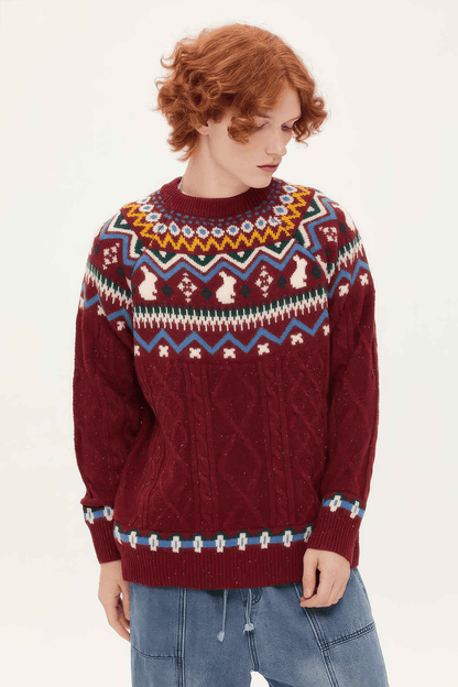 Fair Isle Red Holiday Knit Sweater - Cozy Oversized Pullover for Festive Vibes
