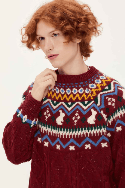 Fair Isle Red Holiday Knit Sweater - Cozy Oversized Pullover for Festive Vibes