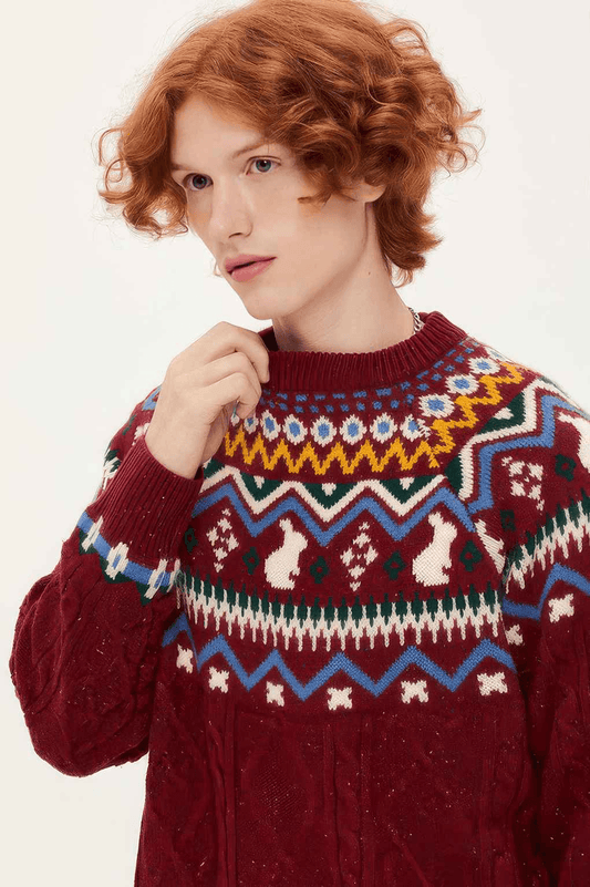 Fair Isle Red Holiday Knit Sweater - Cozy Oversized Pullover for Festive Vibes