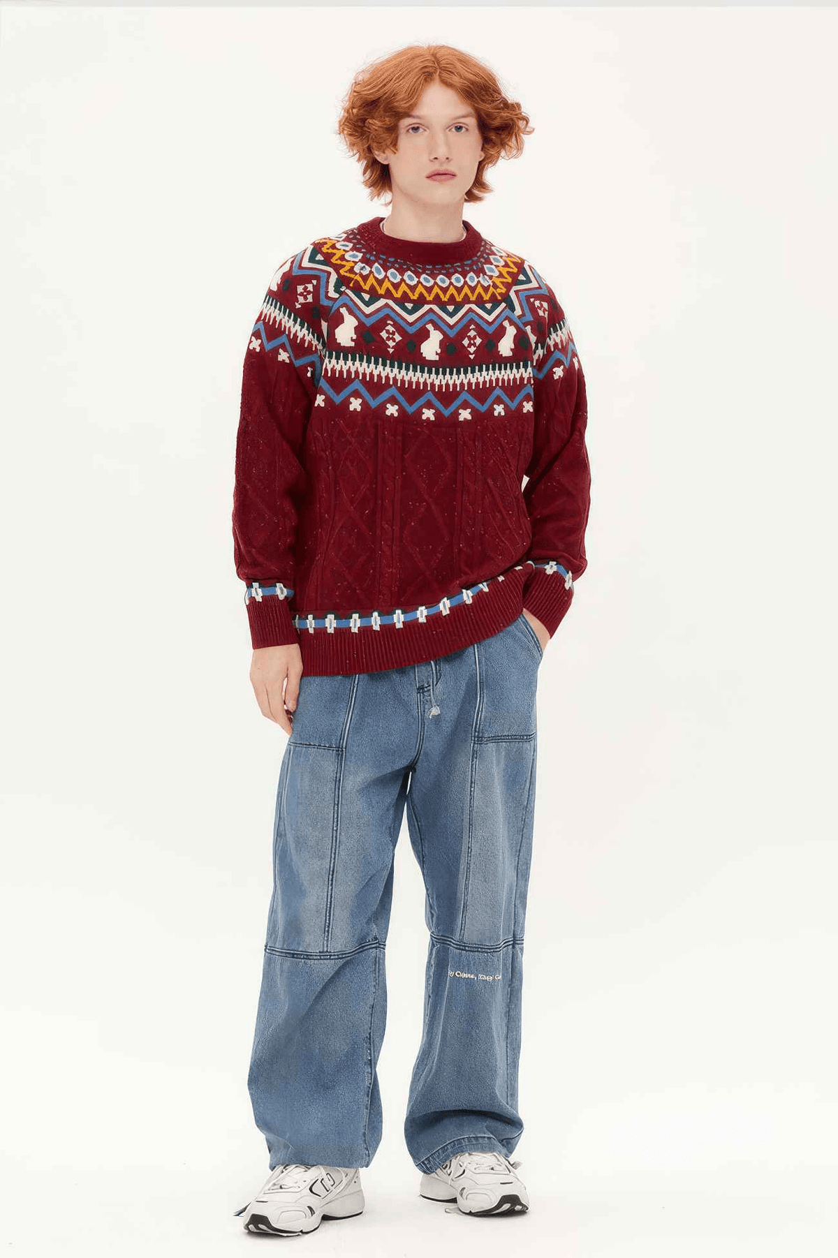Fair Isle Red Holiday Knit Sweater - Cozy Oversized Pullover for Festive Vibes
