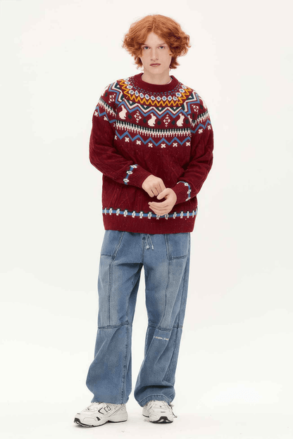 Fair Isle Red Holiday Knit Sweater - Cozy Oversized Pullover for Festive Vibes