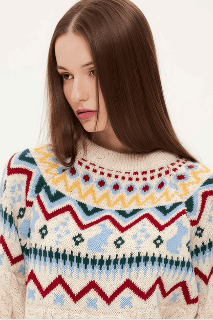 Fair Isle Red Holiday Knit Sweater - Cozy Oversized Pullover for Festive Vibes