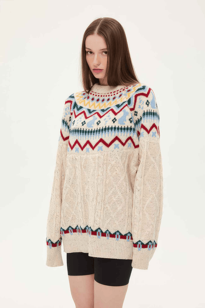 Fair Isle Red Holiday Knit Sweater - Cozy Oversized Pullover for Festive Vibes