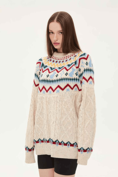 Fair Isle Red Holiday Knit Sweater - Cozy Oversized Pullover for Festive Vibes