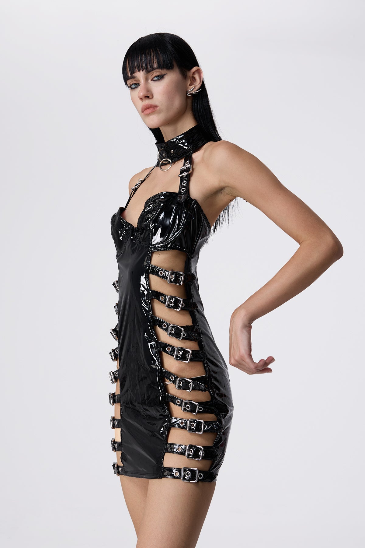 Fierce Signal Leather Halter Neck Mini Dress