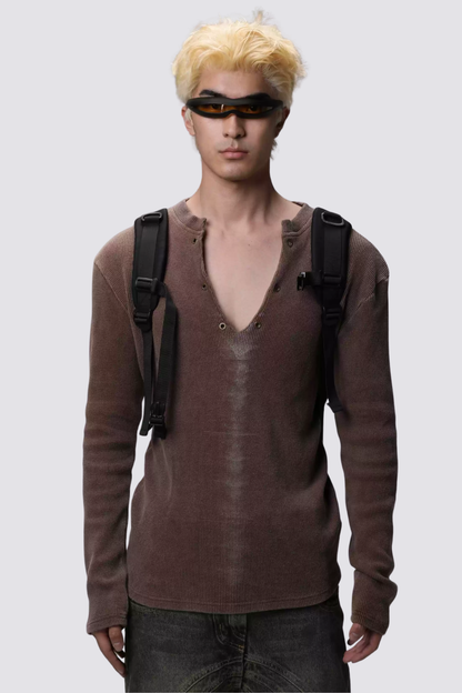 Fine Loop V Neck Long Sleeve Knit Top