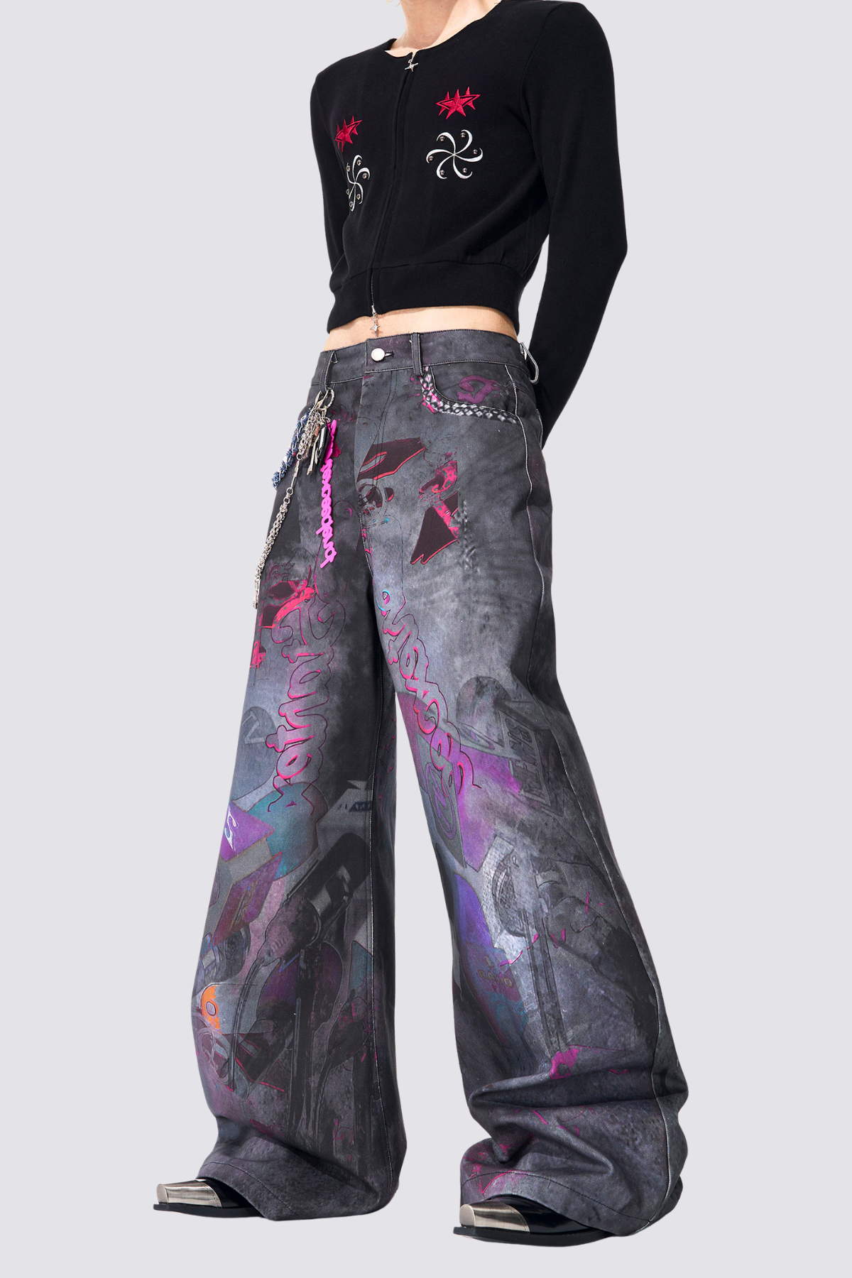 Flash Net Print Wide Leg Jeans