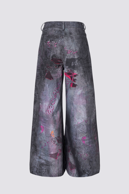 Flash Net Print Wide Leg Jeans