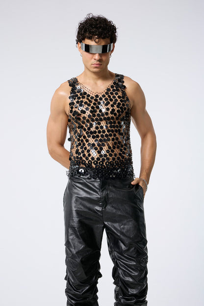 Flash Shine Sequin Rhinestone Mesh Top Black