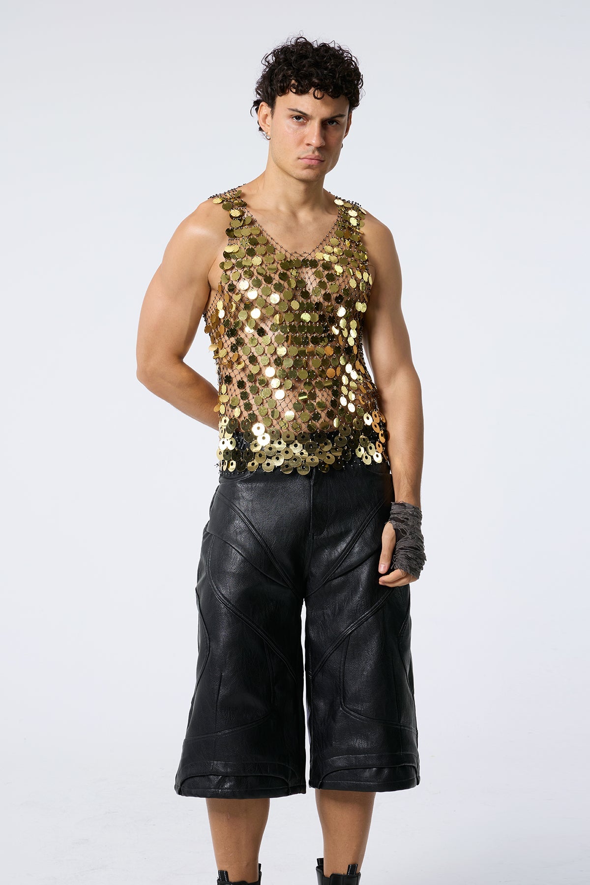 Flash Shine Sequin Rhinestone Mesh Top Gold