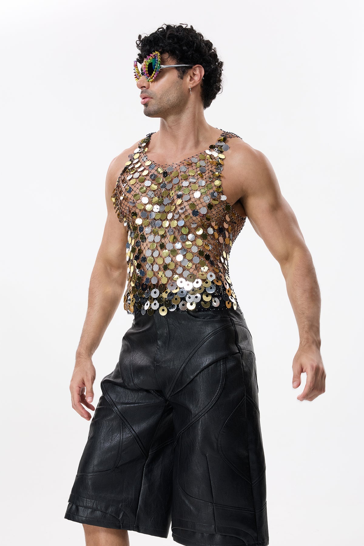 Flash Shine Sequin Rhinestone Mesh Top Multi