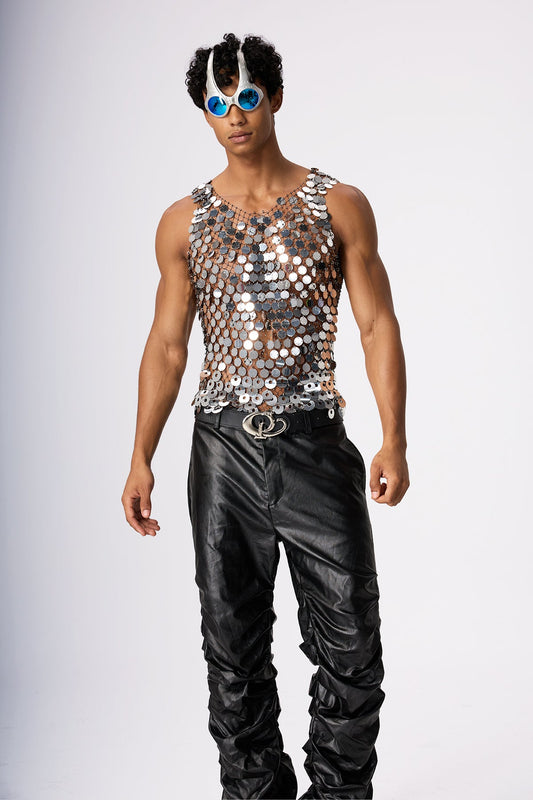 Flash Shine Sequin Rhinestone Mesh Top Silver