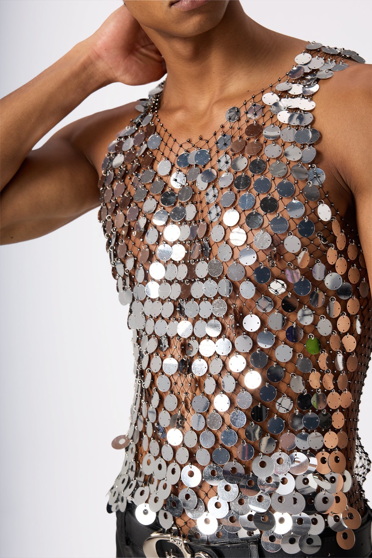 Flash Shine Sequin Rhinestone Mesh Top Silver