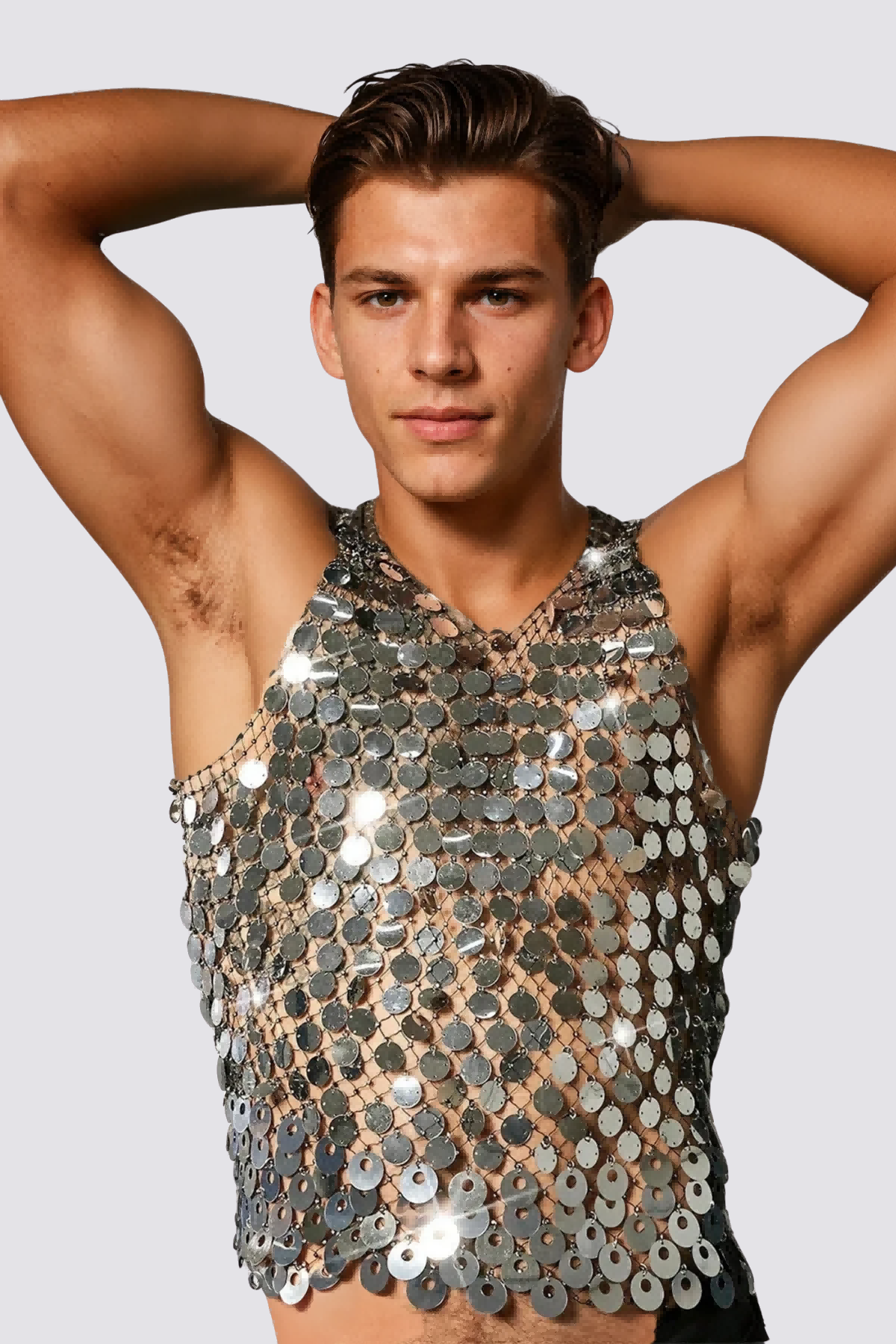 Flash Shine Sequin Rhinestone Mesh Top Silver