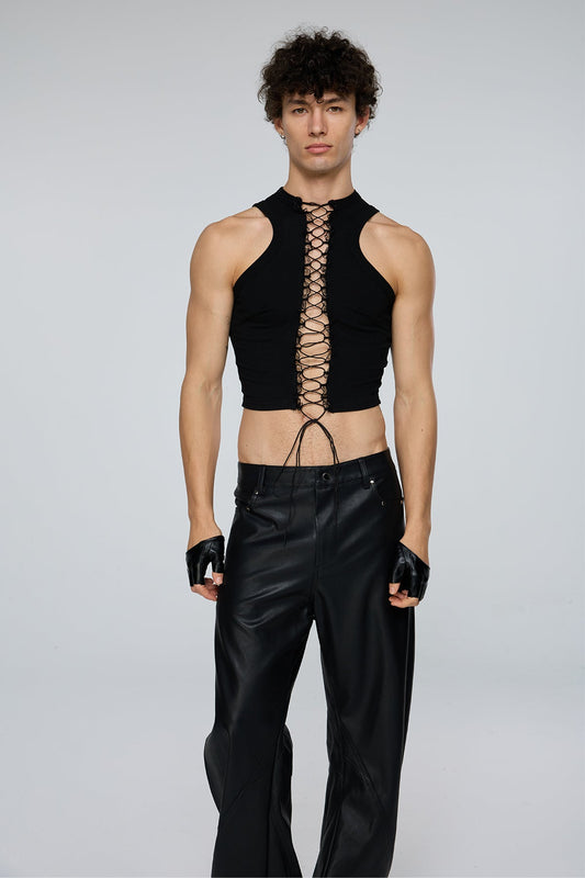 Flat Obscurity Cutout Lace Up Crop Top