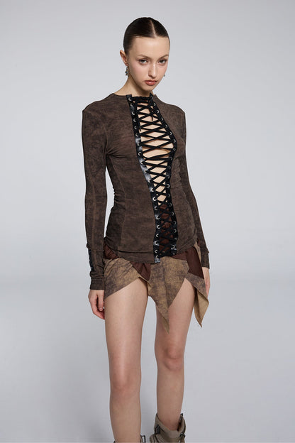 Fluid Shadow Long Sleeve Lace Up Top