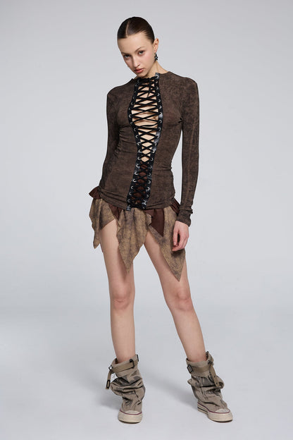 Fluid Shadow Long Sleeve Lace Up Top