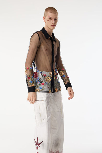 Form Layer Mesh Embroidered Floral Shirts