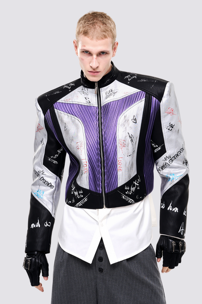 Frame Circuit Leather Print Crop Jacket Purple
