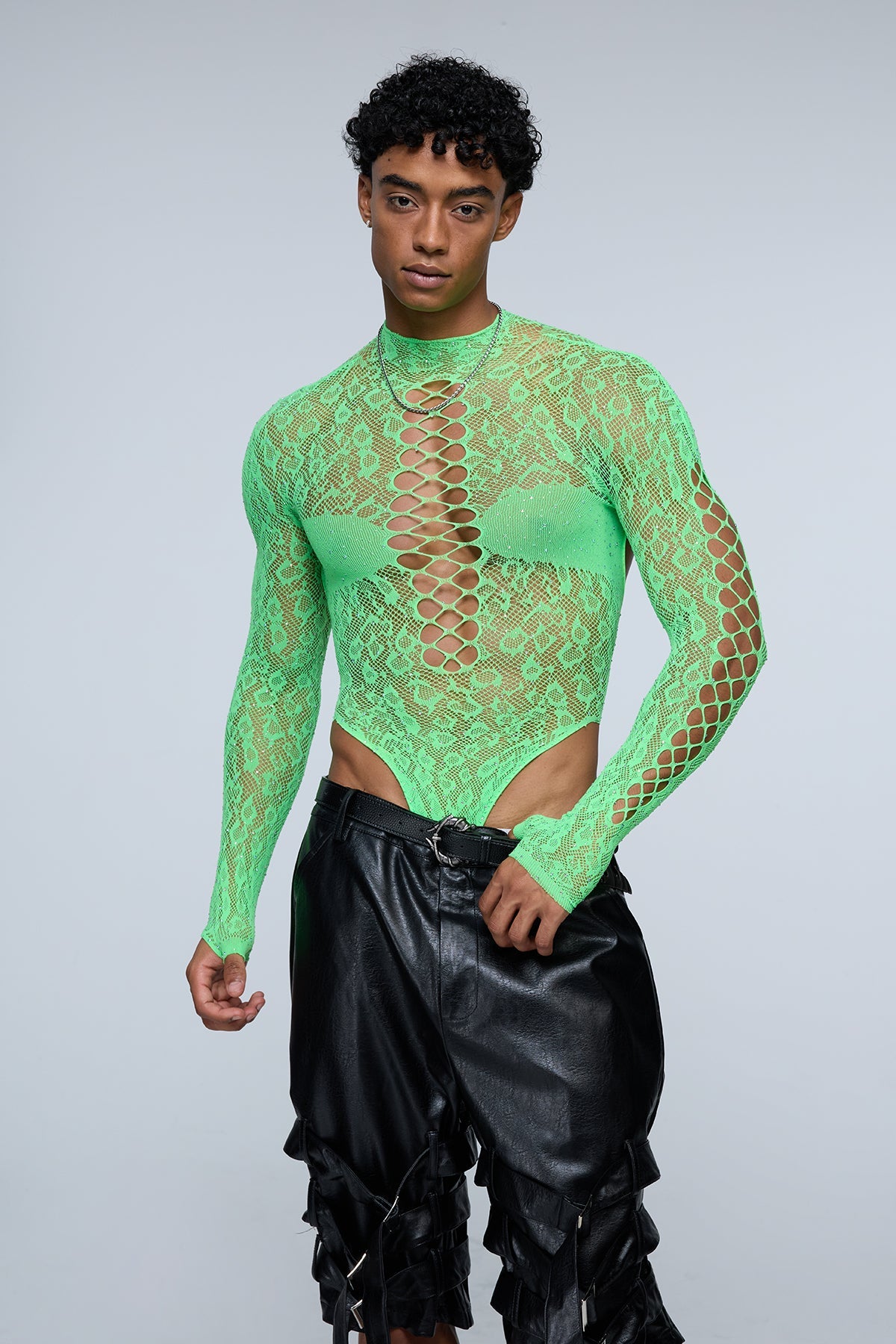 Full Anatomy Fishnet Rhinestone Bodysuit Green