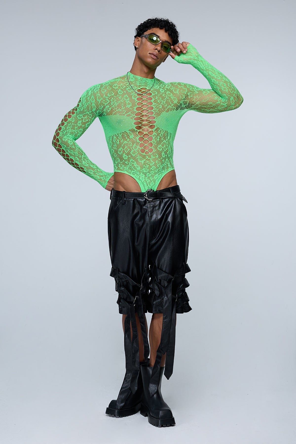 Full Anatomy Fishnet Rhinestone Bodysuit Green