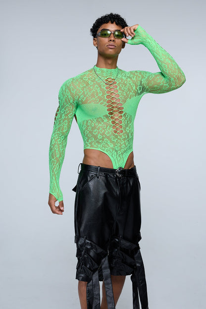 Full Anatomy Fishnet Rhinestone Bodysuit Green