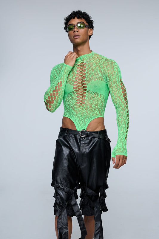 Full Anatomy Fishnet Rhinestone Bodysuit Green