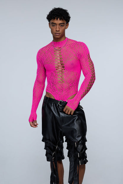 Full Anatomy Fishnet Rhinestone Bodysuit Hot Pink