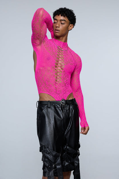 Full Anatomy Fishnet Rhinestone Bodysuit Hot Pink