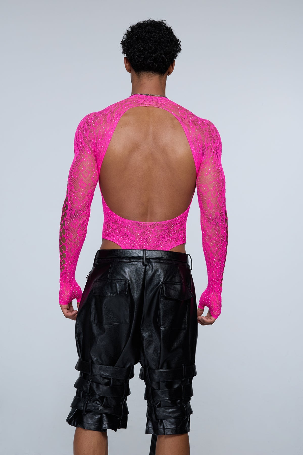 Full Anatomy Fishnet Rhinestone Bodysuit Hot Pink