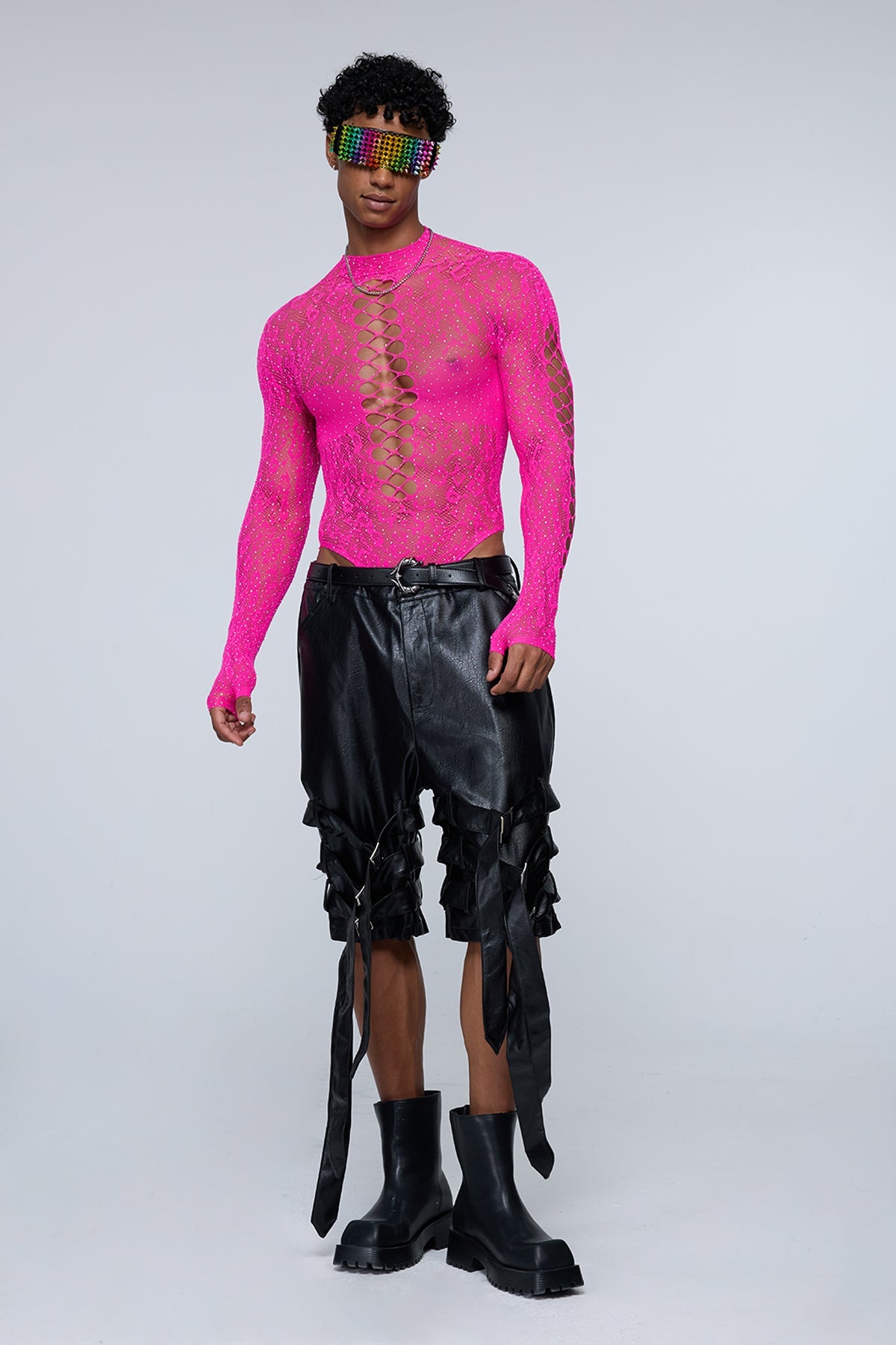 Full Anatomy Fishnet Rhinestone Bodysuit Hot Pink