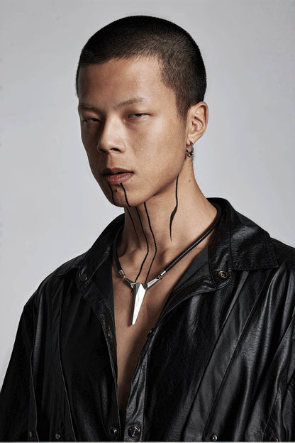Geometric Zircon Pendant Necklace - Leather Cord Design