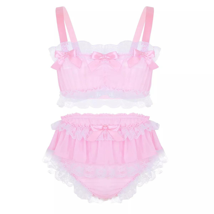 Genderfluid Ruffled Satin Lace Bralette Set