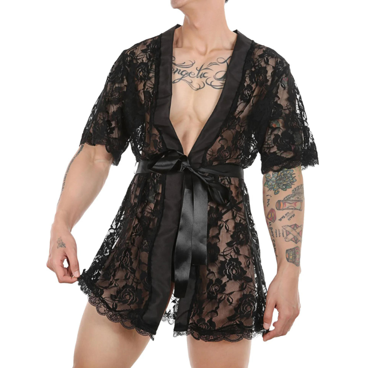 Genderqueer Transparent Lace Bathrobe & Thong Set