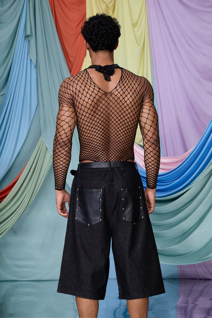 Gentle Obscure Fishnet Lace Long Sleeve Bodysuit Black