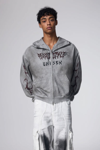 Glitch Wave Detachable Dirty Dye Gloves Hoodie