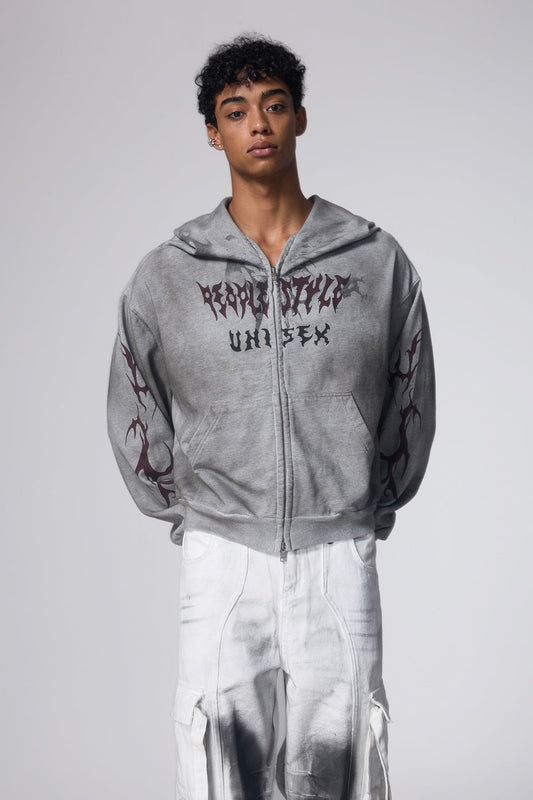 Glitch Wave Detachable Dirty Dye Gloves Hoodie