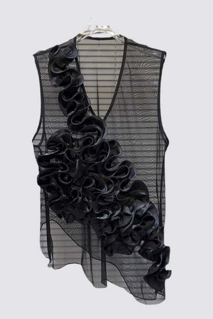 Global Glow Mesh Ruffle Sleeveless Top Black